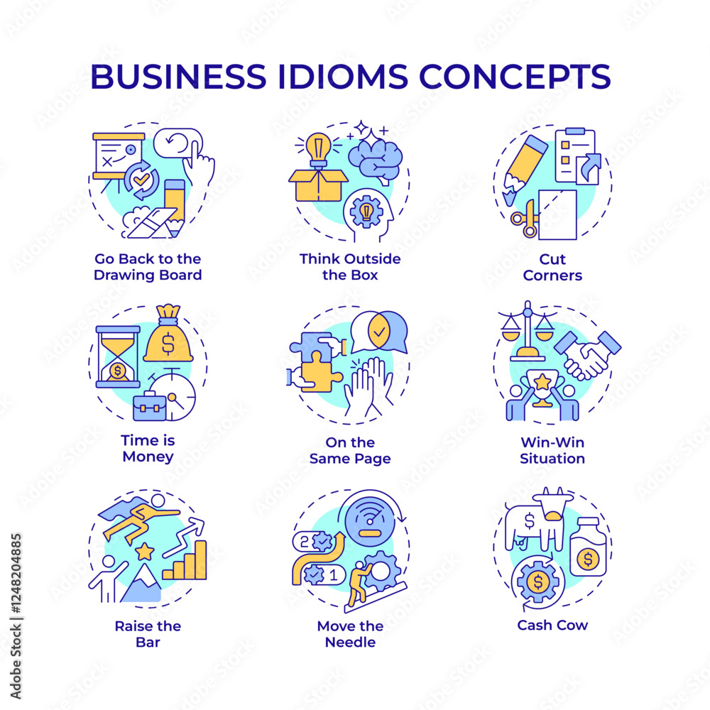 Poster business idioms multi color concept icons. workflow organization. teamwork management. icon pack. ve