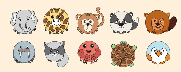 Cute doodle round animals childish style. Elephant, giraffe, monkey, badger, beaver, walrus, raccoon, crab, turtle, penguin