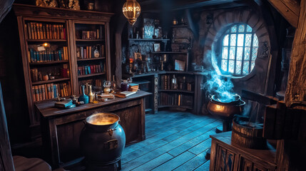 Magic wizard school classroom interior. Cartoon medieval schoolhouse inside with fantasy elements - witch cauldron, wooden table and chair with book and potion ingredients, cabinet with literature.