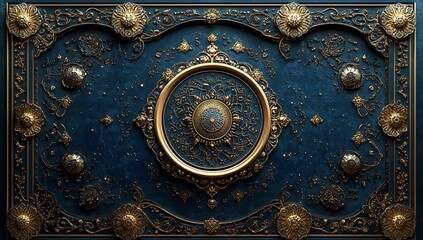 Ornate Blue Panel with Gold Motifs and Intricate Circular Design

