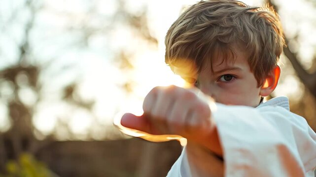 A determined young boy in a white karate gi strikes a powerful punch towards the camera, showcasing focus and discipline. The outdoor setting, soft lighting, and intense expression 