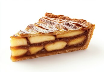 Deliciously Baked Apple Pie Slice with Flaky Crust, Warm Spices, and Sweetened Apple Filling on a White Background