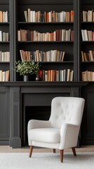 Cozy Reading Nook with Elegant White Armchair and Bookshelf Full of Vintage Books in Modern Interior Design