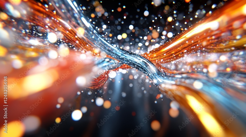 Wall mural abstract intertwined strands of orange and blue light shimmering with bokeh create a dynamic digital