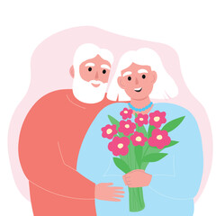 A couple of elderly people together. Old men husband and wife love each other and give flowers. Vector flat graphics.