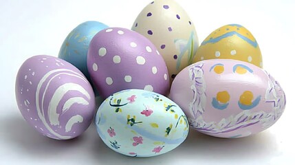 This image captures an artistic Easter arrangement featuring a collection of vibrantly decorated eggs, each with unique designs and subtle pastel colors, arranged meticulously on a brilliant 