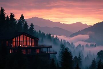 Fototapeta premium Breathtaking sunset ignites the sky behind a serene mountainside retreat with misty valleys below