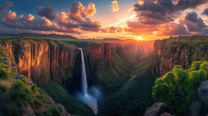 Fototapeta premium Sunset over canyon waterfall, dramatic landscape