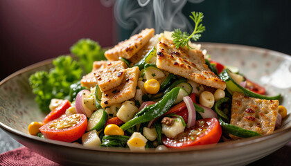 Elegant Fattoush salad with herbs and pita, culinary artistry