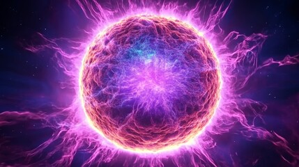 A vibrant glowing cosmic sphere radiates energy surrounded by swirling purple and pink nebulous formations in the vastness of space
