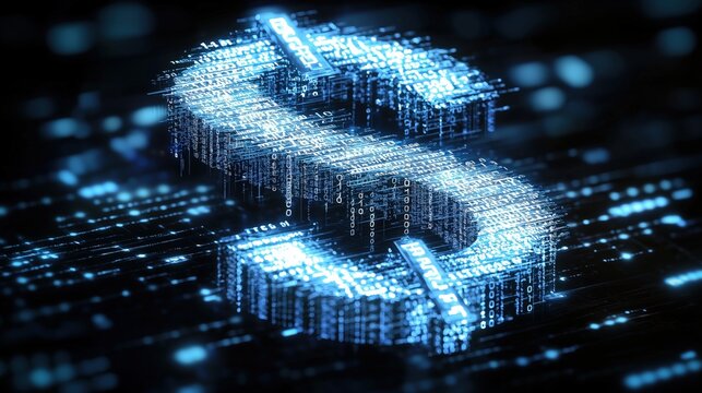 Digital dollar symbol with binary code and data streams in futuristic technology background