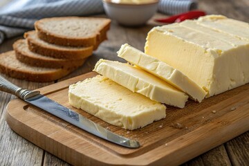 Fresh Butter Block on Cutting Board with Sliced Bread and Knife Ready for Breakfast or Cooking