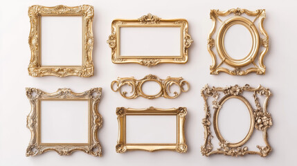 Empty trendy contemporary vintage frame with ornament vector set. Isolated antique cartoon photo or mirror drawn border. Victorian art royal blank design framework template collection.