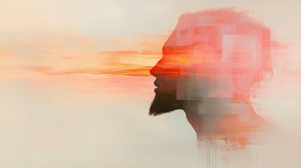 Abstract digital portrait of a person with a beard rendered in hazy red and orange tones against a pale backdrop Thoughtful and introspective