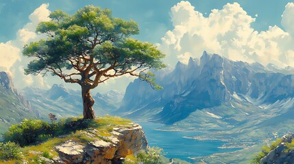 Obraz premium Lone tree clifftop scenic mountain lake view