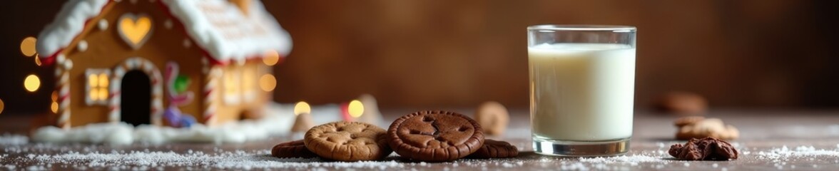 Glass of milk, chocolate cookies, gingerbread house backdrop , photography, family