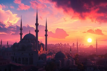 Obraz premium Majestic skyline of a vibrant city at sunset with intricate minarets silhouetted against colorful clouds