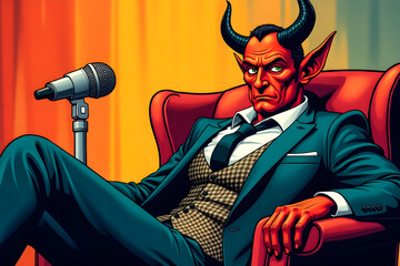 An elegant devil journalist blogger sits in a chair in front of a microphone and hosts a program about hellish life.