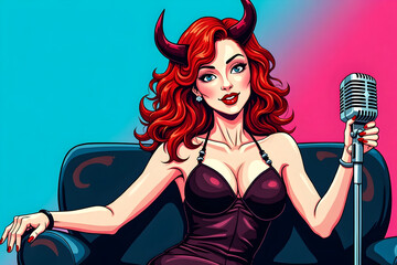 An elegant devil journalist blogger, a pretty woman, sits in a chair in front of a microphone and hosts a program about hellish life.