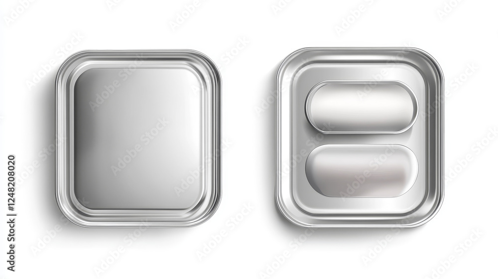 Poster aluminium tin can for sardine in top view. vector realistic mockup of rectangle metal containers for