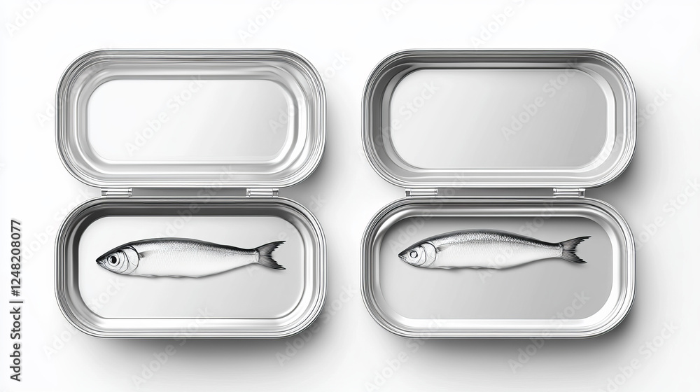 Poster aluminium tin can for sardine in top view. vector realistic mockup of rectangle metal containers for