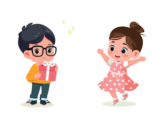 happy cute kid boy give present to friend