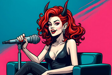 An elegant devil journalist blogger, a pretty woman, sits in a chair in front of a microphone and hosts a program about hellish life.