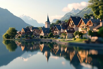 Fototapeta premium Charming lakeside village with traditional houses reflecting in calm waters during sunrise in the Swiss Alps