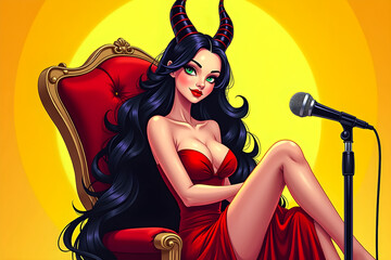 An elegant devil journalist blogger, a pretty woman, sits in a chair in front of a microphone and hosts a program about hellish life.