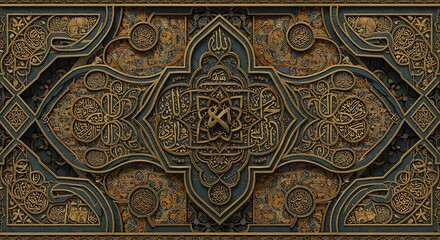 Intricate Islamic Calligraphy Art Gold Teal Design