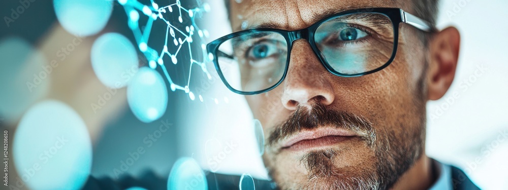 Aufkleber focused businessman analyzing digital data with glasses and abstract visualizations in modern enviro