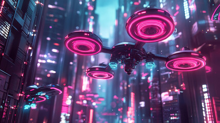 Smart city logistic solutions isometric landing page. Drone delivery cargo on conveyor belt at modern neon buildings. Goods transportation export and import service 3d vector illustration, web banner