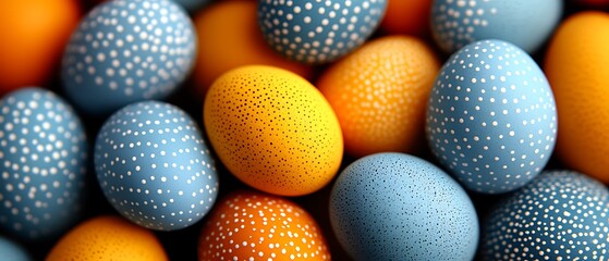 This image portrays a festive Easter arrangement featuring a collection of intricately decorated eggs, each with unique patterns and vibrant pastel hues, arranged neatly on a bright white background. 