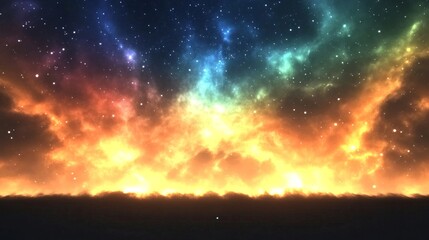 Fototapeta premium A stunning vista shows a vibrant cosmos above a dark horizon filled with stars and nebulas ablaze with color creating a celestial panorama