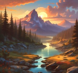 Illustration of fantasy scenic landscape.
