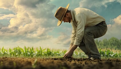 Farmer attentively plants seedlings in a fertile agricultural field