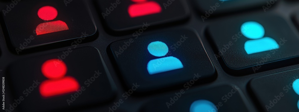 Poster colorful keyboard keys with user icons in vibrant blue and red against a dark background