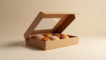 Bakery box mockup with assorted pastries inside, some dusted with powdered sugar.