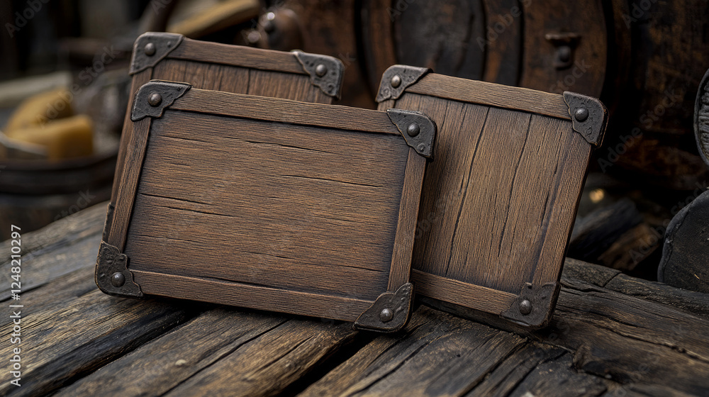 Aufkleber vector wooden game signboard texture banner set. wood material plank frame ui label on transparent b