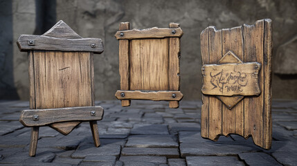 Vector wooden game signboard texture banner set. Wood material plank frame ui label on transparent background. Rustic blank arrow element and sign board for advertising or button design collection.