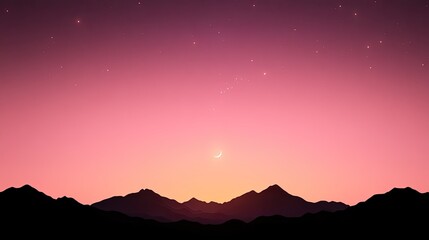 Serene twilight over mountain silhouettes with a crescent moon and starry sky backdrop