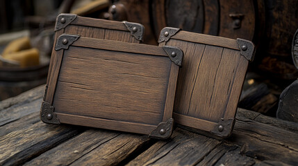 Vector wooden game signboard texture banner set. Wood material plank frame ui label on transparent background. Rustic blank arrow element and sign board for advertising or button design collection.