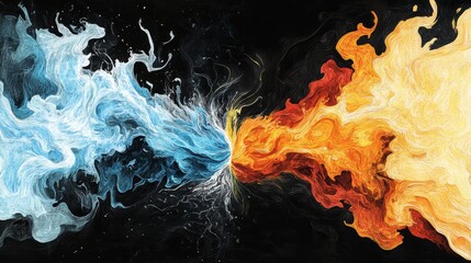 Abstract artwork showcasing the dynamic interplay of opposing elements featuring fire and water represented in swirling fluid forms
