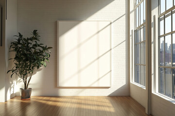 Minimalist Interior with Blank Frame and Potted Plant in Sunlit Room