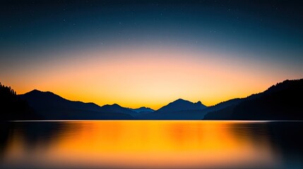 Serene sunset over a tranquil lake surrounded by mountains under a starry sky