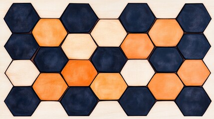 Colorful hexagonal tiles arranged in a pattern on a wooden surface, showcasing design aesthetics