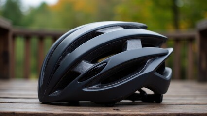 Fototapeta premium A sleek, modern bike helmet mockup with an aerodynamic design, placed on a wooden surface outdoors.