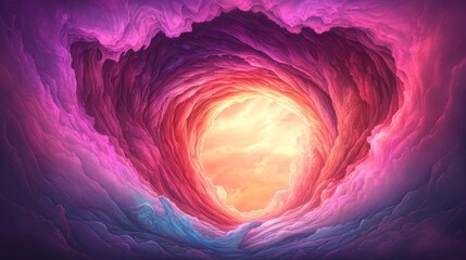 A breathtaking view through a cloud tunnel bathed in vibrant hues of pink red and purple towards a bright hazy opening