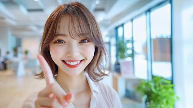 笑顔で指差しをするol・女性社員・ビジネスウーマン　日本人女性(美人モデル)