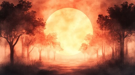 Surreal landscape with a large bright orb dominating the sky casting an ethereal glow over the misty forest and creating a dreamlike scene